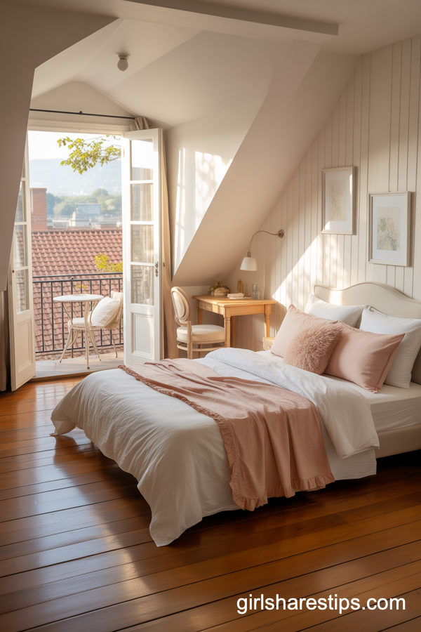 Charming Attic Bedroom with a Petite Balcony Retreat