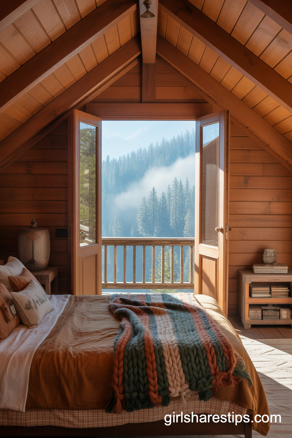Cozy Mountain Cabin Bedroom with Wooden Balcony Views