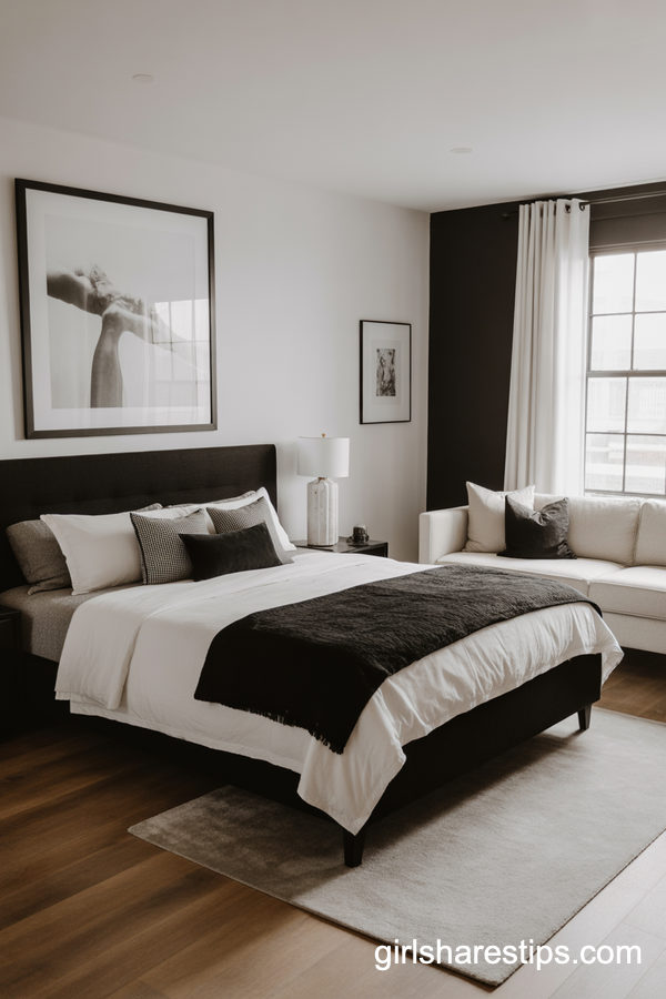 Modern Black And White Bedroom With A Sleek White Couch