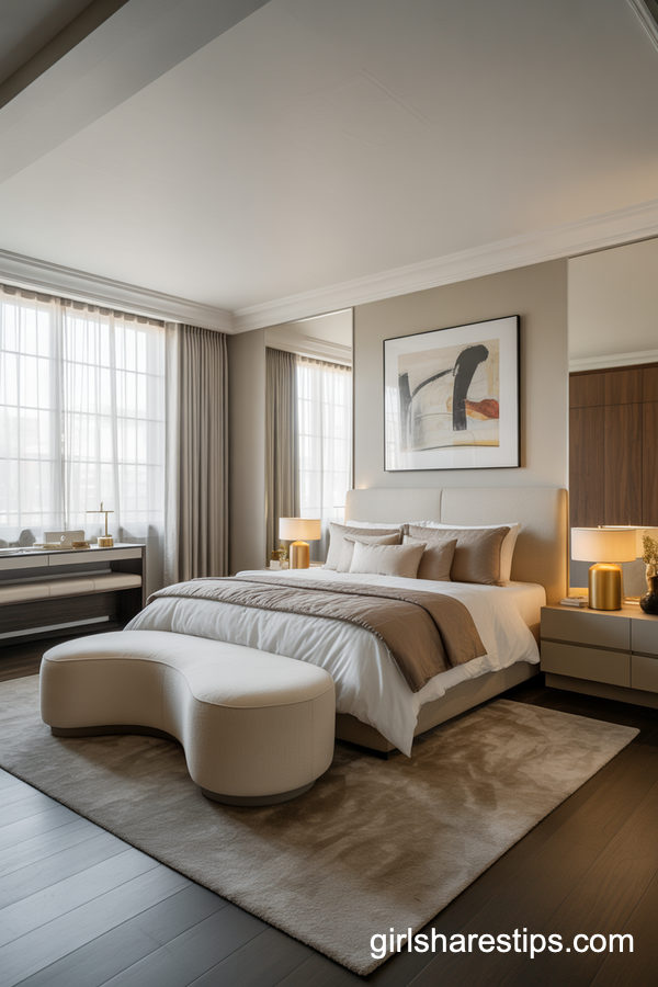 Contemporary Bedroom With A Curved Cream Couch At The Foot Of The Bed