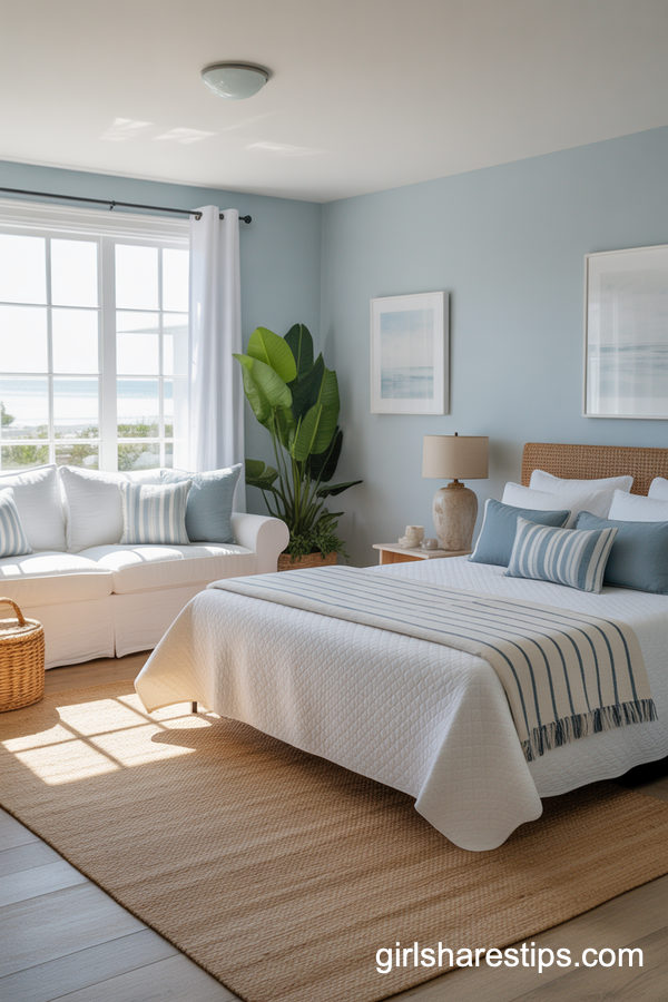 Coastal Bedroom With A White Linen Sofa By The Window