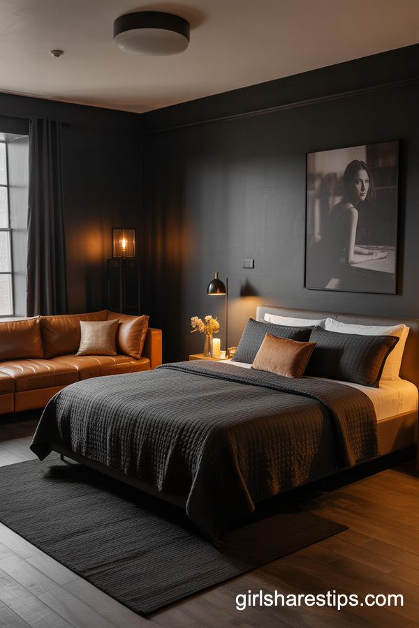 Moody Modern Bedroom With A Cognac Leather Couch