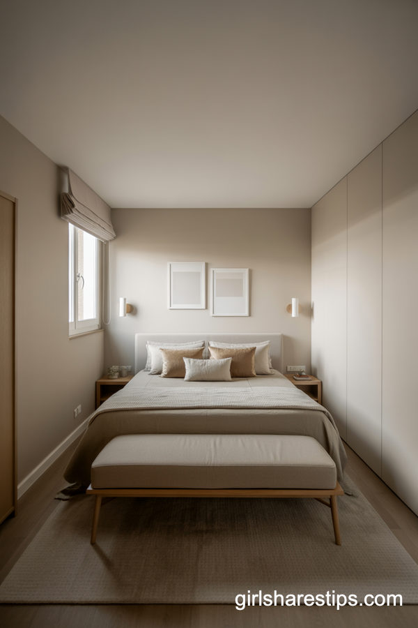 Long Narrow Bedroom With A Slim Bench-Style Sofa