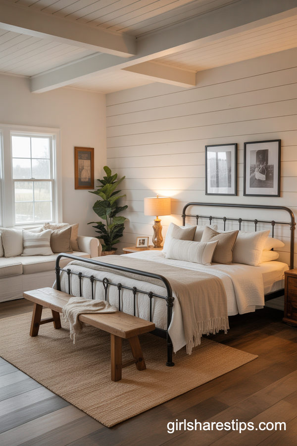 Modern Farmhouse Bedroom With A White Slipcovered Couch