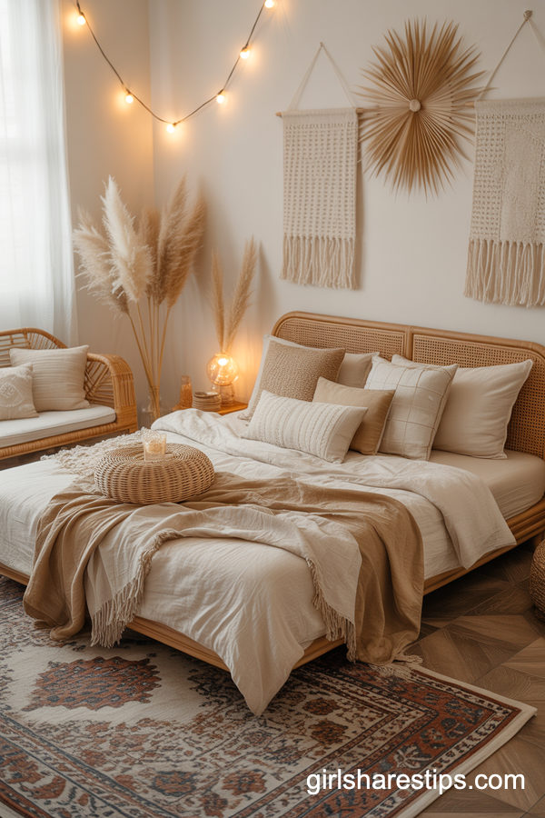 Boho Chic Bedroom With A Rattan Couch And Layered Textures