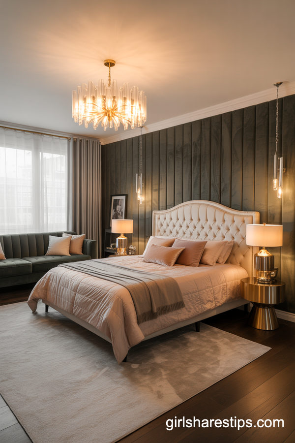 Modern Glam Bedroom With A Dark Green Velvet Sofa