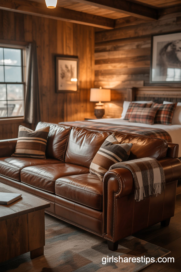 Rustic Cabin Bedroom With A Warm Leather Sofa
