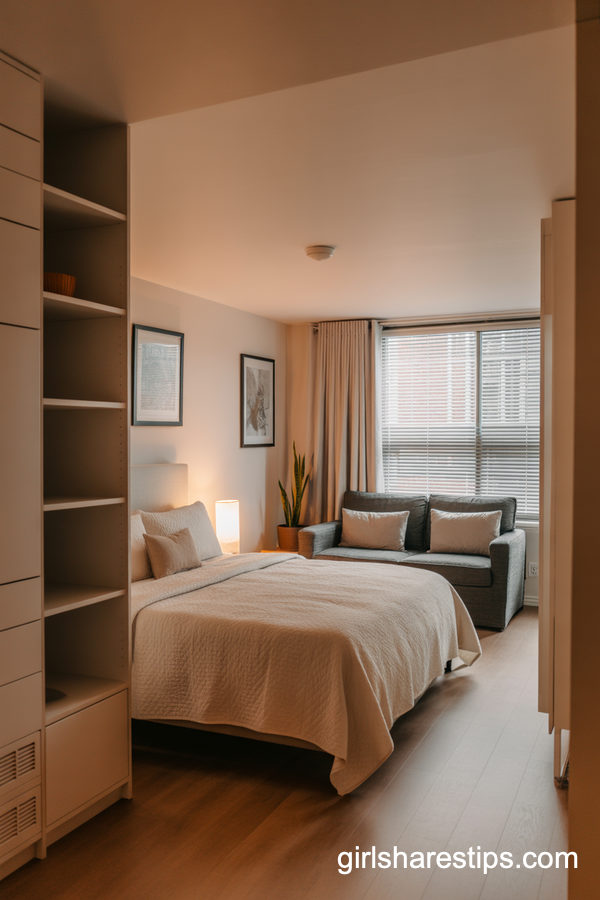 Small Apartment Bedroom With A Compact Gray Loveseat