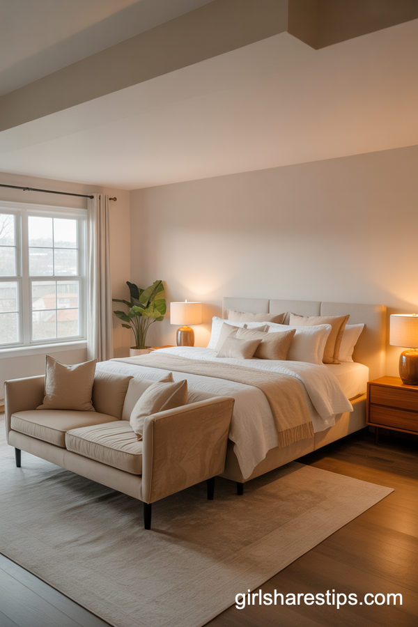 Neutral Master Bedroom With A Soft Beige Velvet Couch