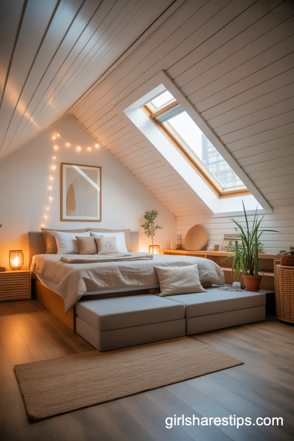 Cozy Attic Loft Bedroom With A Low Couch Under The Eaves
