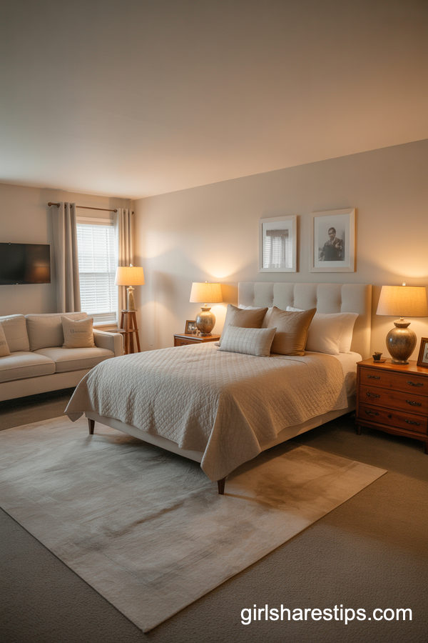 Couples’ Primary Bedroom With A Loveseat Facing The TV