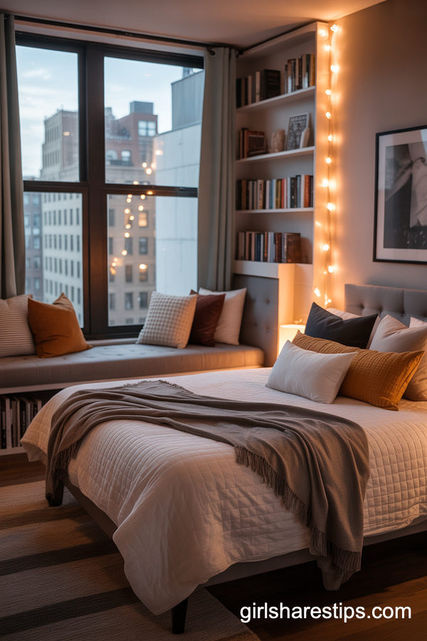 Small City Bedroom With A Built-In Window Nook Couch