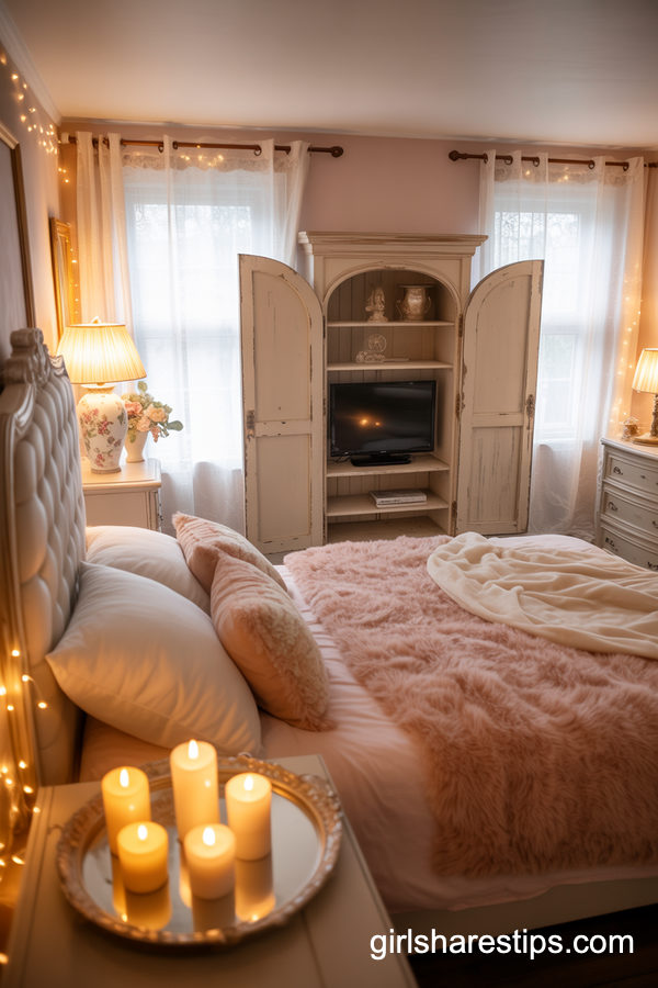 Romantic Vintage Bedroom with TV Hidden in an Armoire