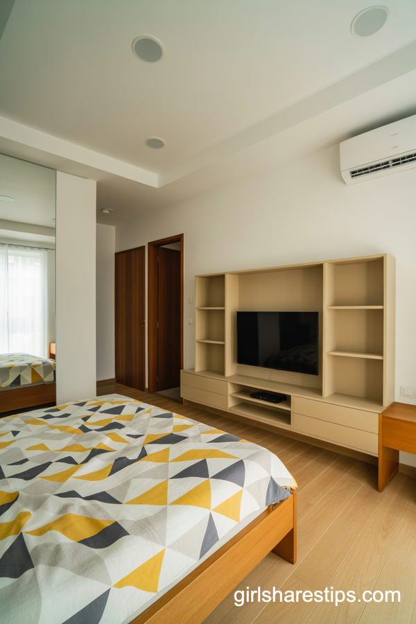 Built-In Entertainment Wall in a Modern Patterned Bedroom