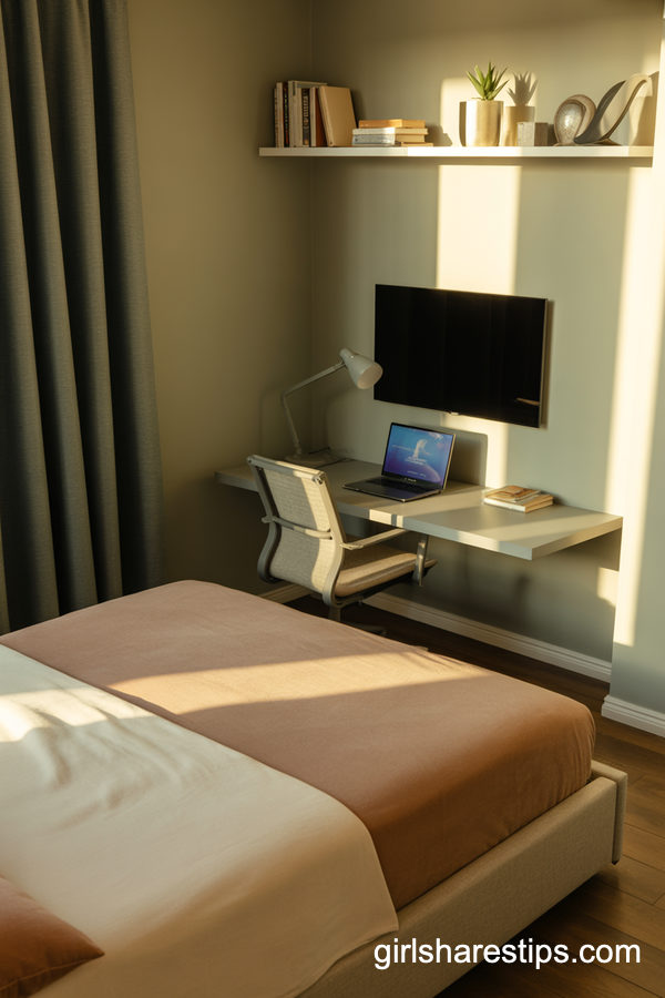 Work-from-Home Bedroom with TV and Compact Desk Wall