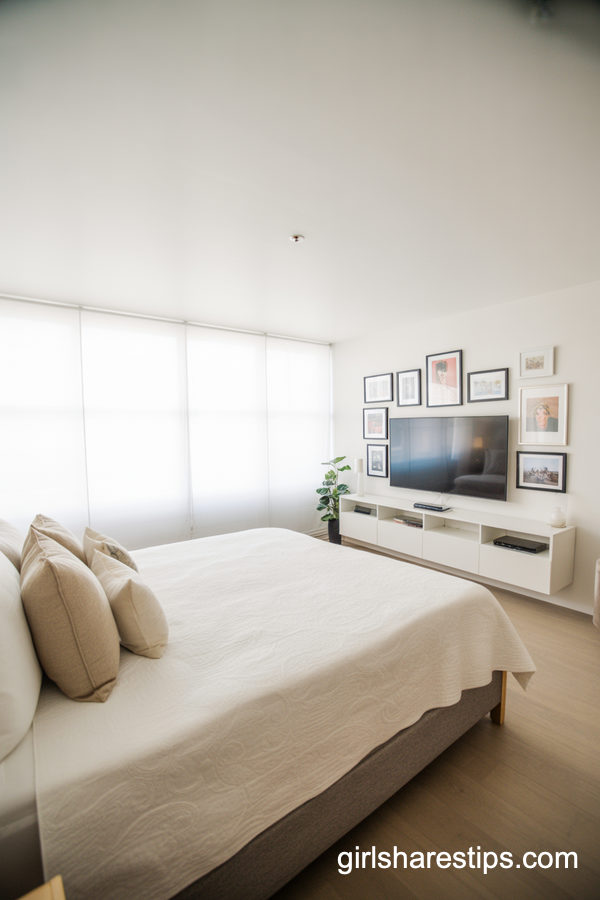 Bright White Bedroom with TV Centered in a Clean Gallery Wall