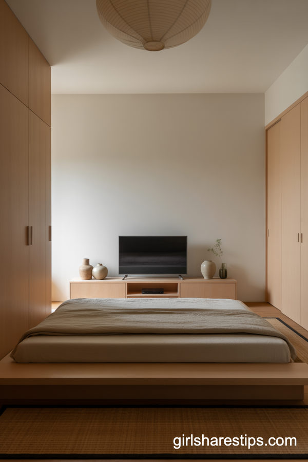 Serene Japandi Bedroom with Low Console TV Setup