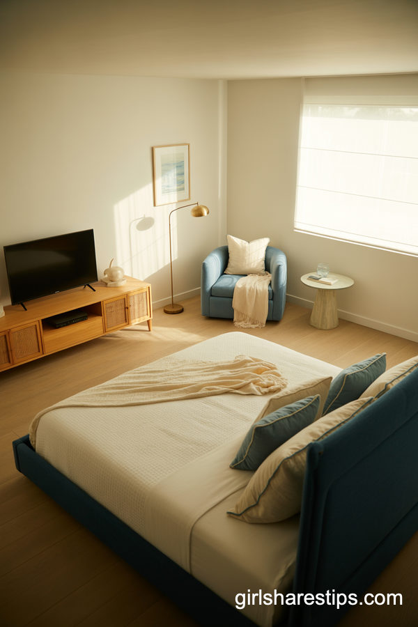 Calm Blue Bedroom with TV and Cozy Reading Nook