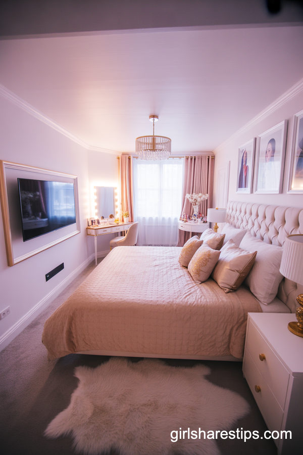 Glam Bedroom with TV Wall and Dedicated Vanity Corner
