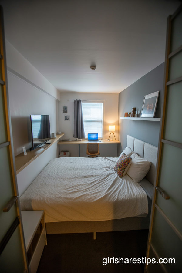 Small Bedroom with Floating Shelf TV and Compact Desk
