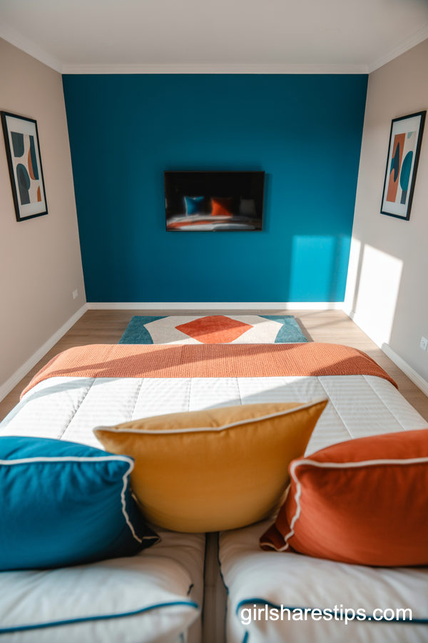 Bold Color-Blocked Bedroom with Dramatic TV Feature Wall