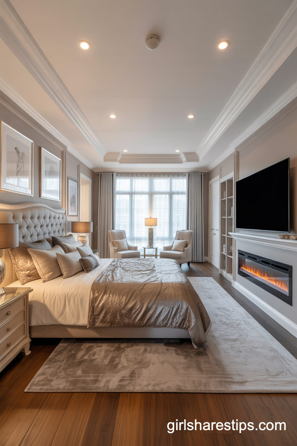 High-End Master Suite with TV Above Modern Fireplace