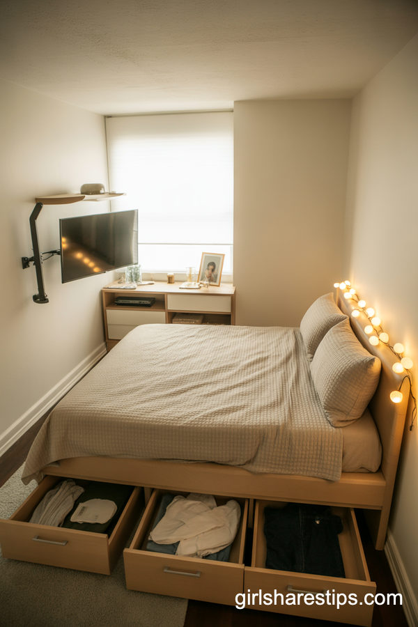 Compact Apartment Bedroom with Corner Swivel TV Mount