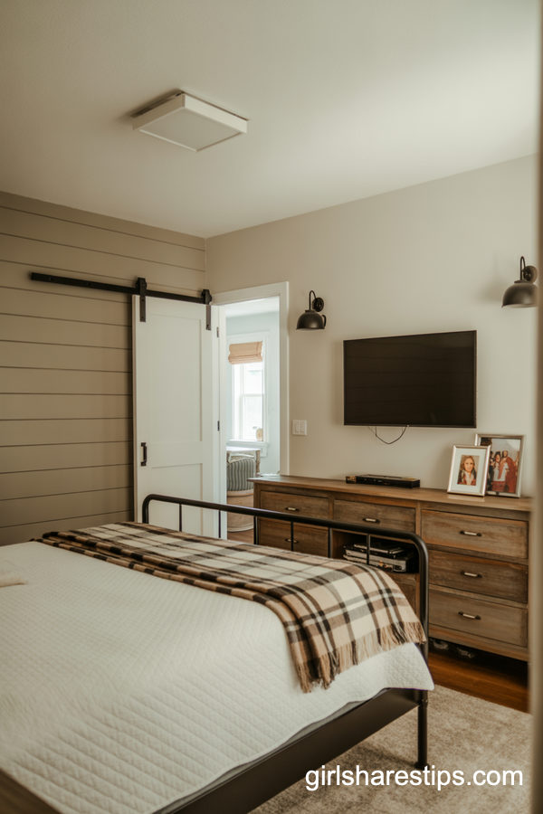 Modern Farmhouse Bedroom with TV Above Rustic Dresser