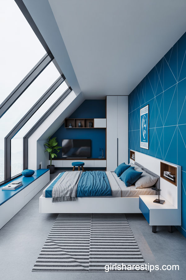 Chic Attic Retreat with TV on a Deep Blue Accent Wall