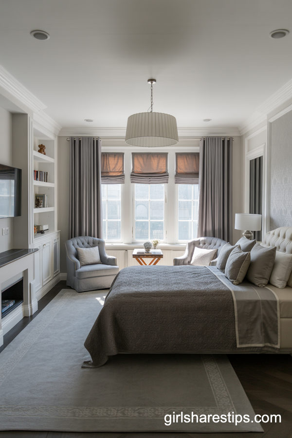 Luxury Neutral Bedroom with Built-In TV and Shelving