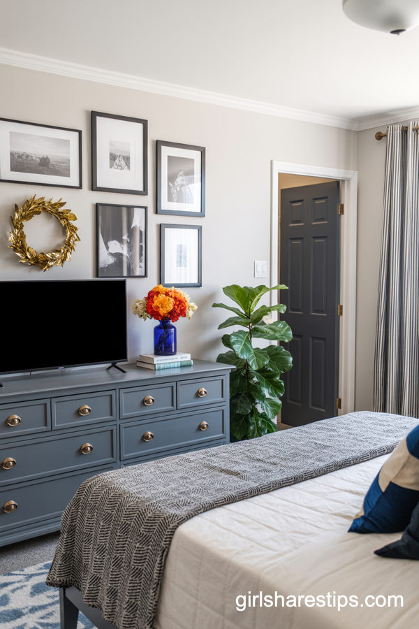 Gallery Wall Bedroom with TV Styled as Framed Art