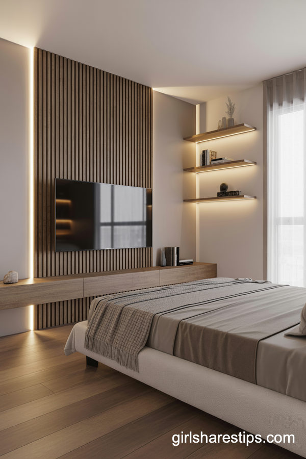 Slatted Wood Accent Wall with Warmly Lit TV Nook