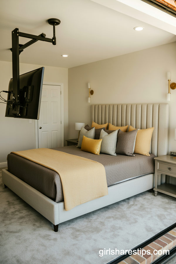 Cozy Neutral Bedroom with Side-Mounted TV on Articulating Arm