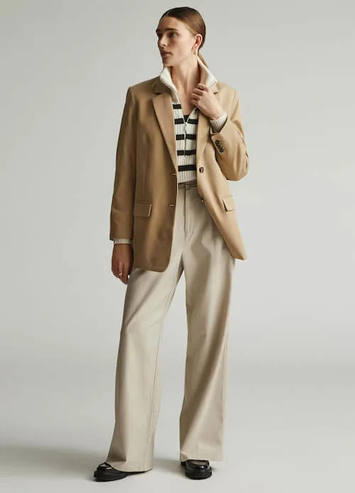 beige blazer, striped sweater and beige pants