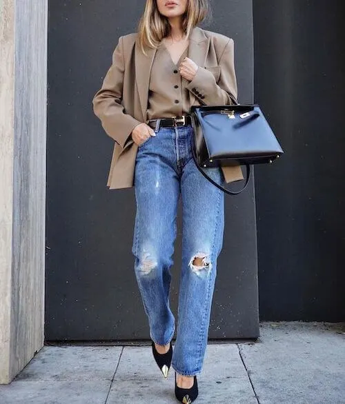 beige blazer, beige vest and wide leg jeans