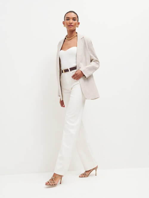 beige linen blazer and white wide leg pants