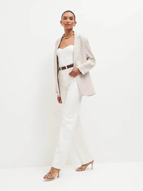 beige linen blazer and white wide leg pants