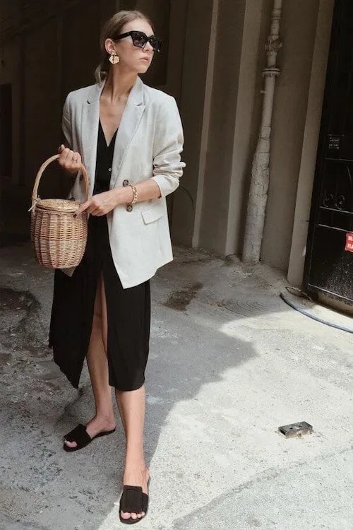 beige blazer and black dress