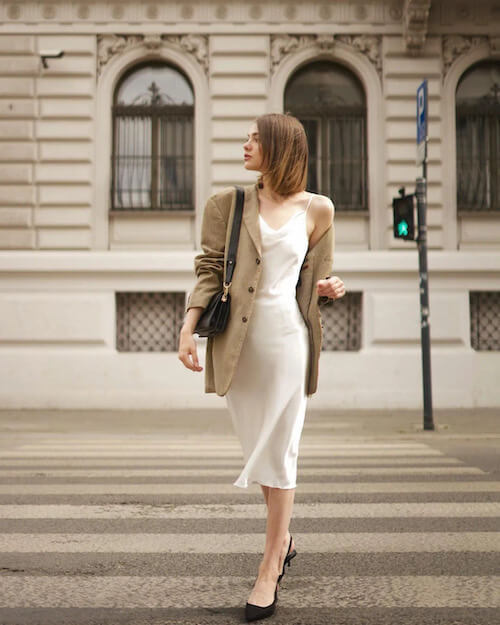 beige blazer and white slip dress