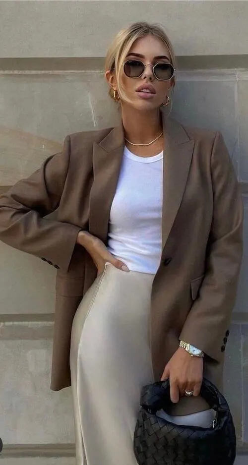 dark beige blazer, white tee, and slip skirt