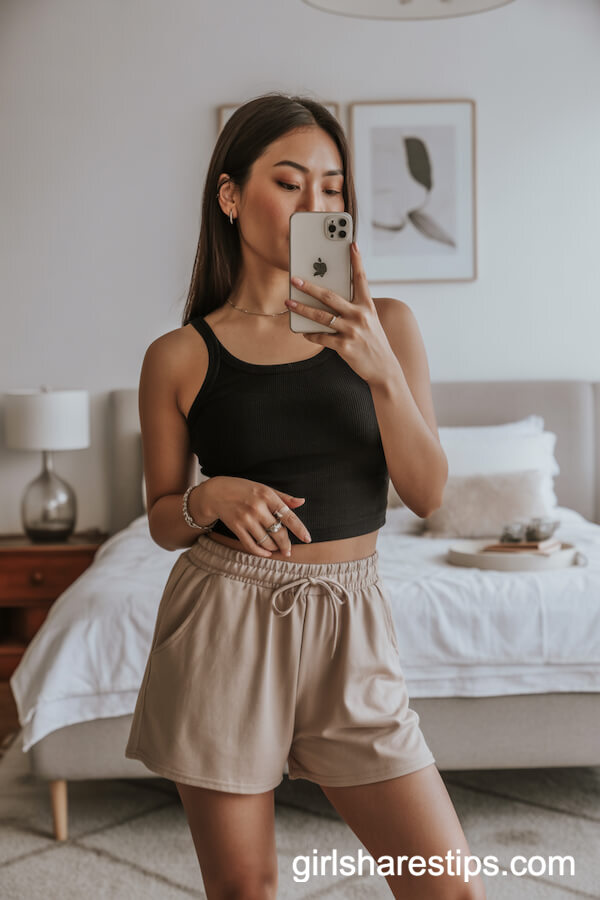 Beige Drawstring Shorts and Black Tank Top