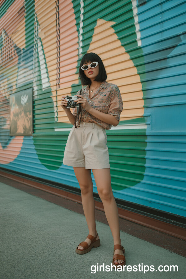 Vintage Vibes: Beige Shorts with Printed Shirt