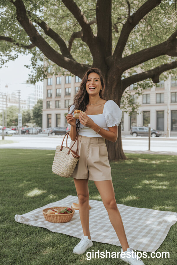 Beige Mid-Thigh Shorts and Puff Sleeve Top