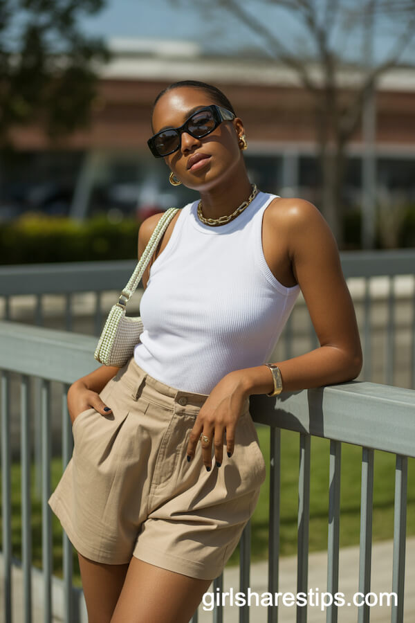 Trendy Beige High-Waisted Shorts and Ribbed Bodysuit