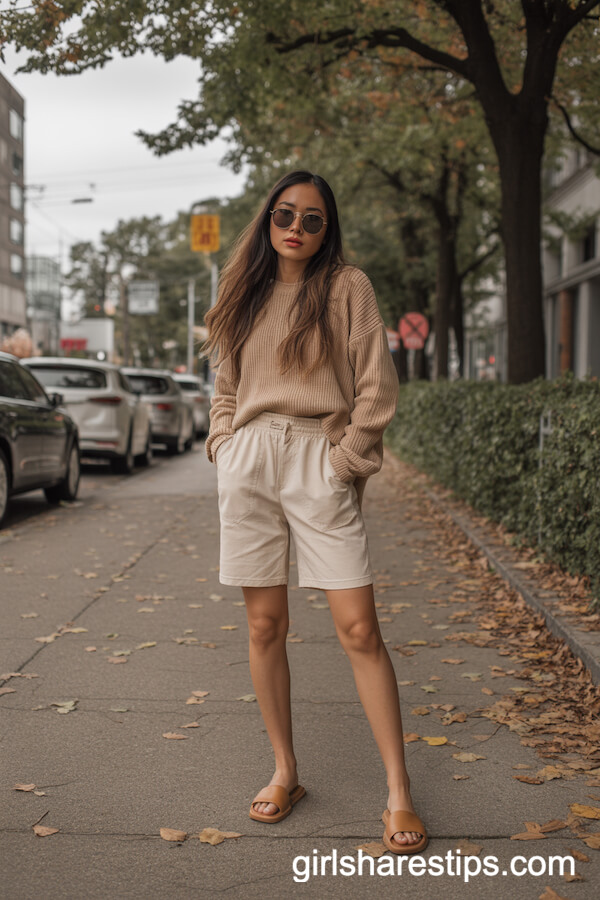 Cozy Beige Bermuda Shorts with Oversized Sweater