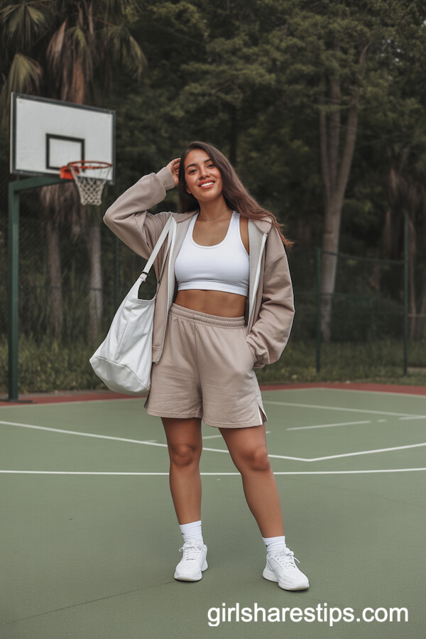 Sporty Beige Athletic Shorts and White Sports Bra