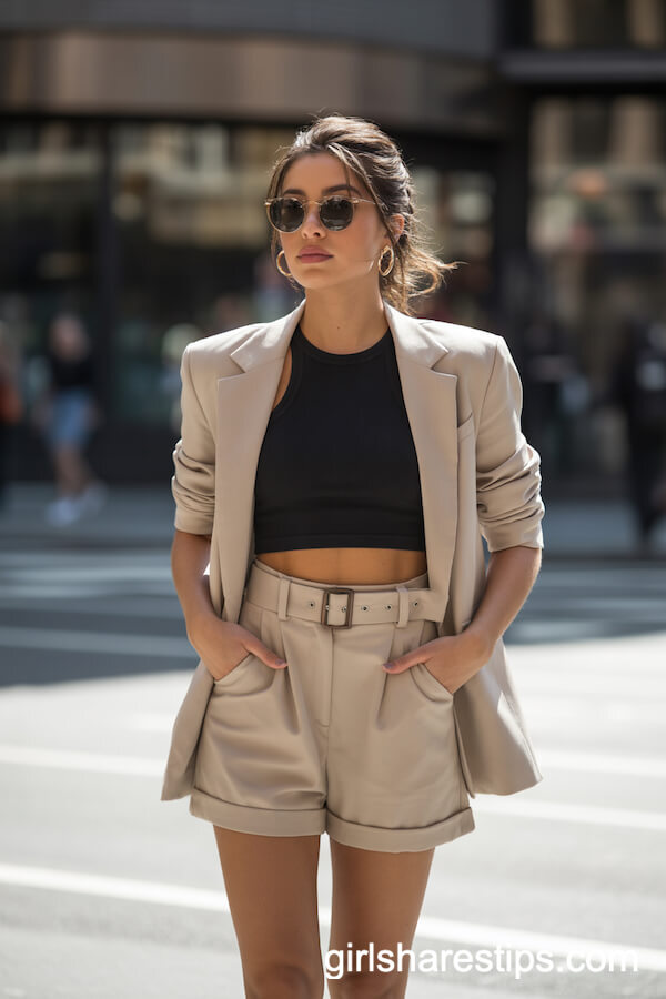 Belted Beige Shorts Suit with Black Crop Top