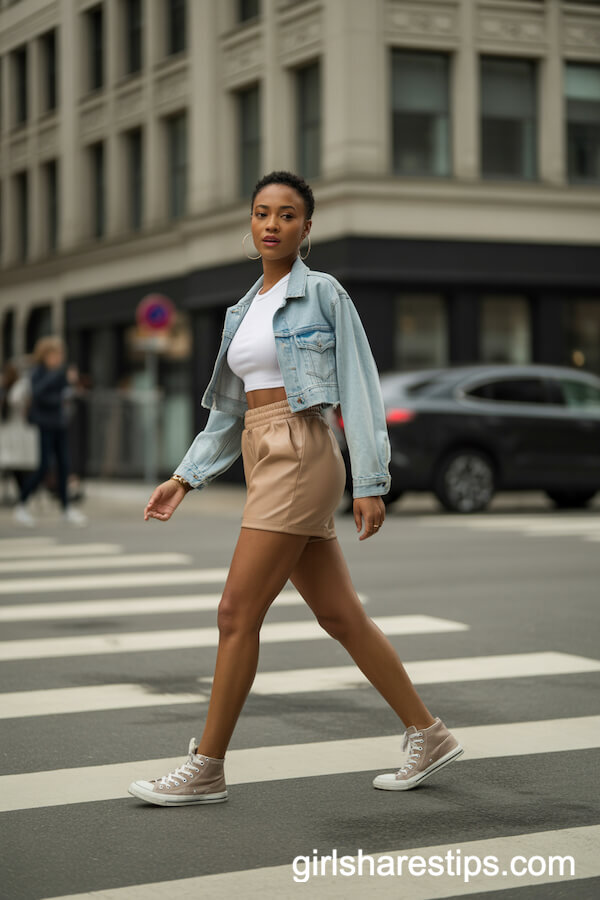 Edgy Beige Shorts, Crop Top, Denim Jacket