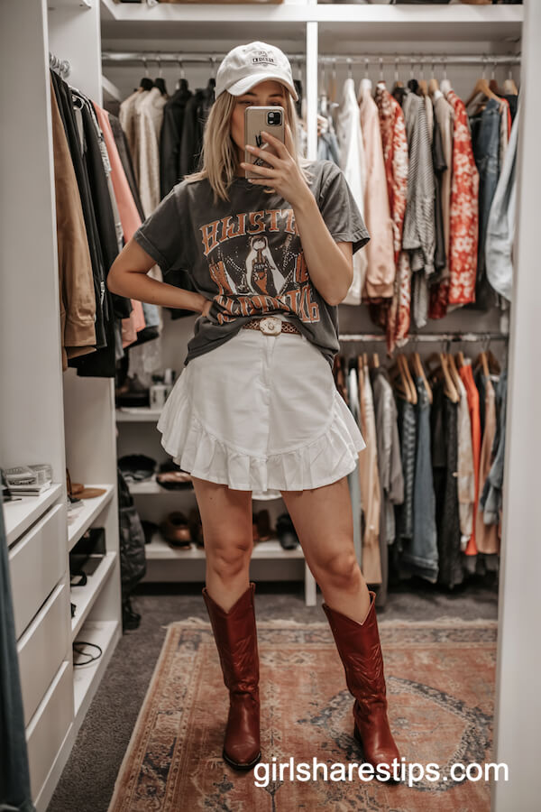 Graphic Tee & Ruffled Skirt with Red Cowboy Boots