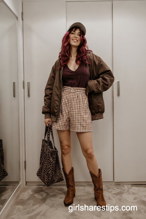 Oversized Bomber Jacket & Gingham Shorts Country Look